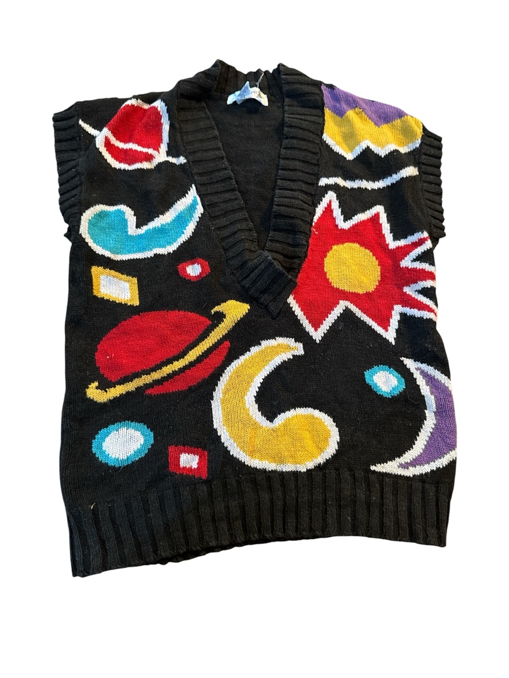 Vintage 90s/90s Black Space-Print V-Neck Sweater Vest  size M - Multi Color